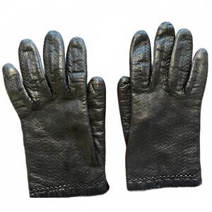 Black Leather Gloves with Gray Knit Cuffs